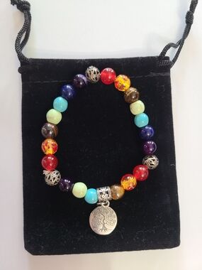 Tree of Life Multicolor Beaded Womens Stretch Bracelet with Silver Charm